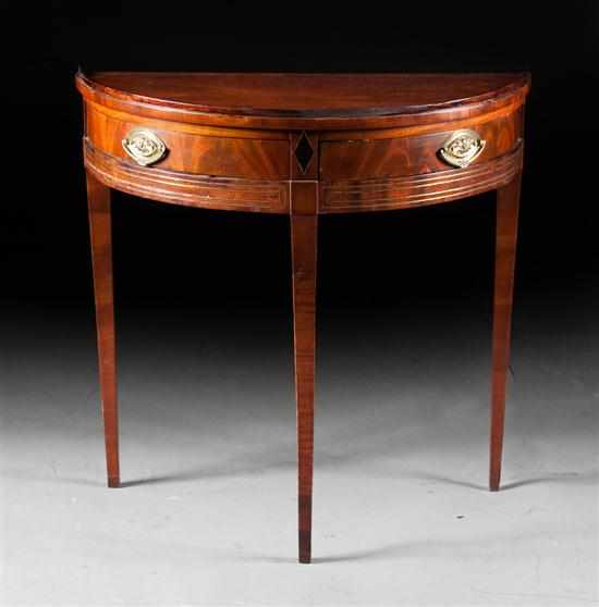 Regency brass inlaid mahogany demilune side table wood galleried top