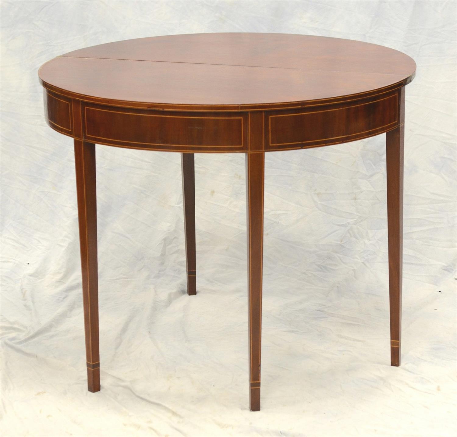 Hepplewhite mahogany line inlaid demilune card table 36 w 13