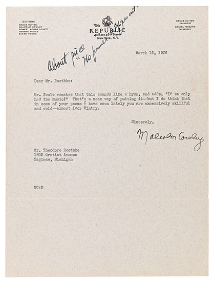 COWLEY MALCOLM Group of 5 Autograph Letters and Notes Signed