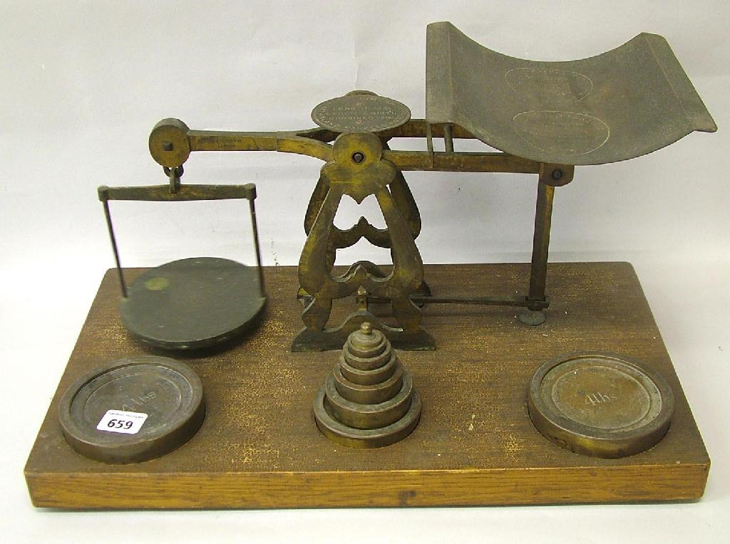 Large set of bronze balance scales inscribed Inland Parcel Post