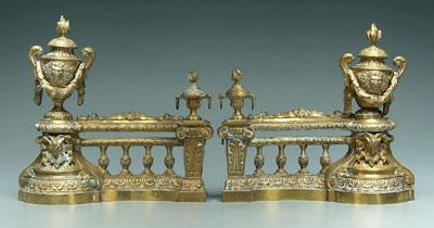 Pair brass chenet flame and urn finials lion and goat