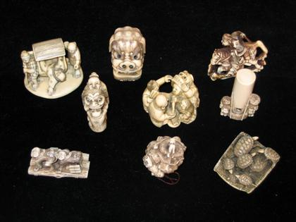 Nine Japanese elephant and mammoth ivory netsuke and okimono Comprising