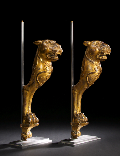 Pair of English Regency Carved Giltwood Monopodal Lion Supports originally