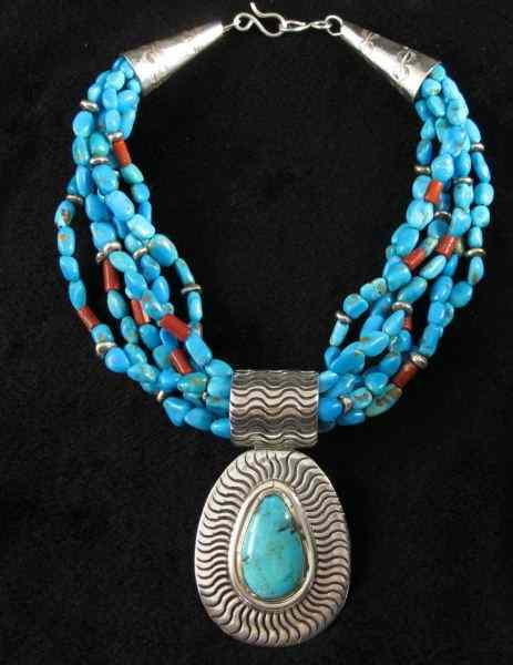 Turquoise and Sterling Pendant Necklacecomposed of 6 strands of free