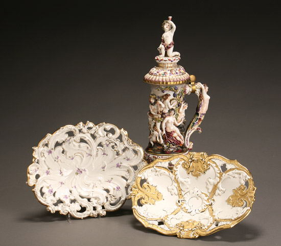 Capo di Monte Type Flagon and Two Meissen Oval Bowls