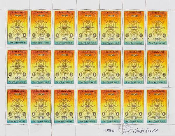 A framed display of stamps featuring Dutch Post The Dutchmark