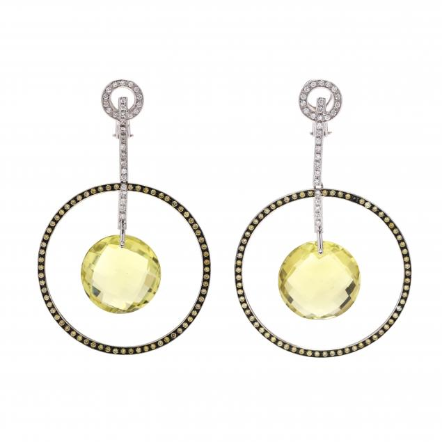 White Gold Quartz and Diamond Earrings The white gold hoop