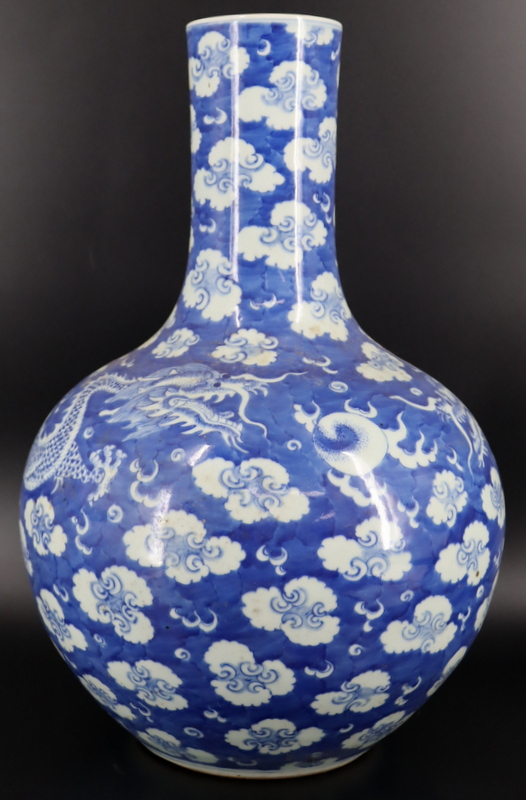 Large Chinese Blue and White Dragon Vase From a Great