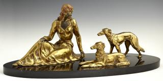 Art Deco Brass Plated and Painted Spelter Figural Group early