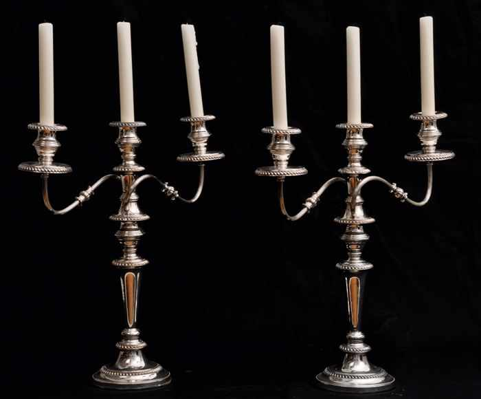 PAIR OF ENGLISH ARMORIAL SILVER PLATED THREE LIGHT CANDELABRA With