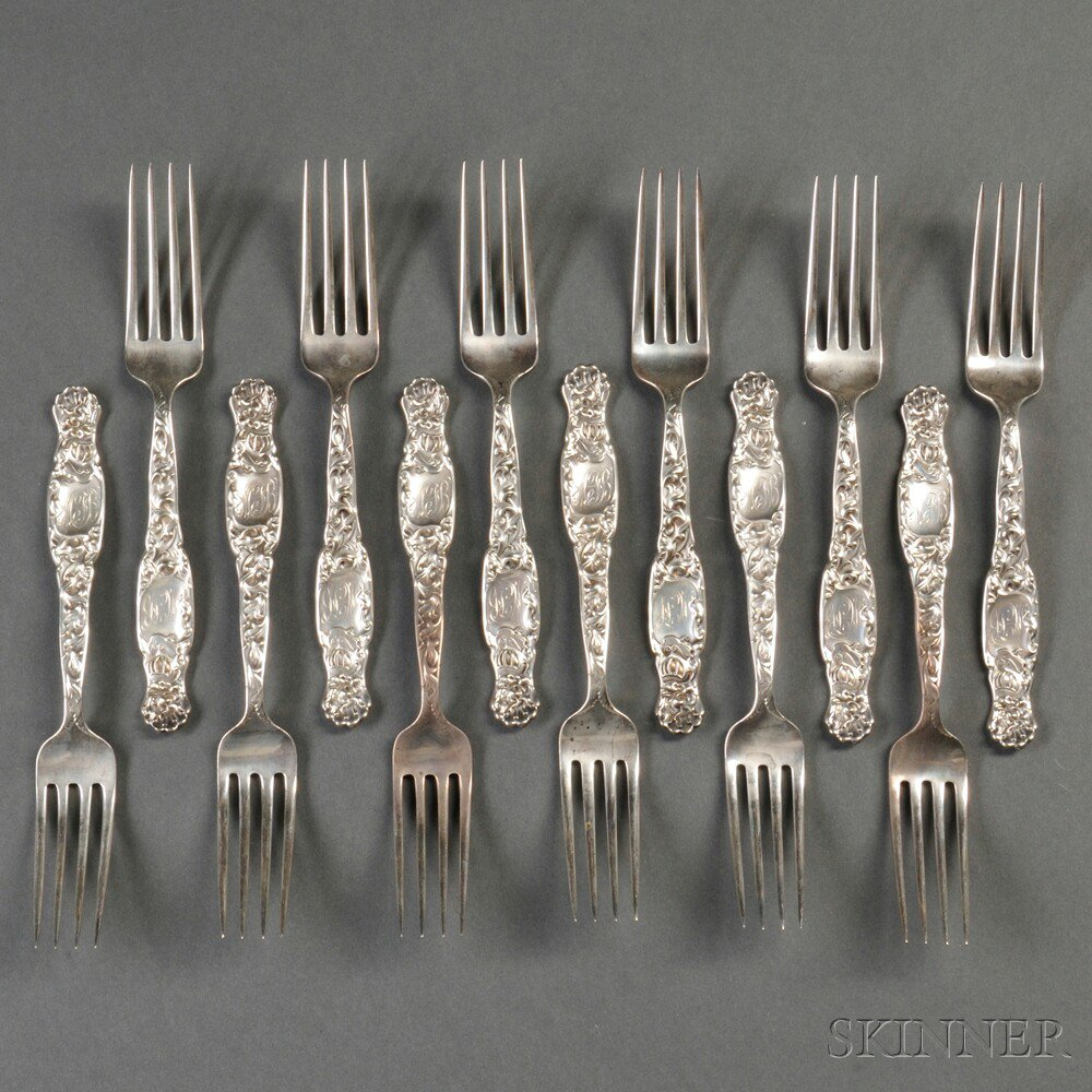 Twelve Whiting Heraldic Pattern Sterling Silver Forks New York late