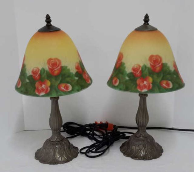 Reverse Painted Frosted Glass Parlor Lamps Created in the late