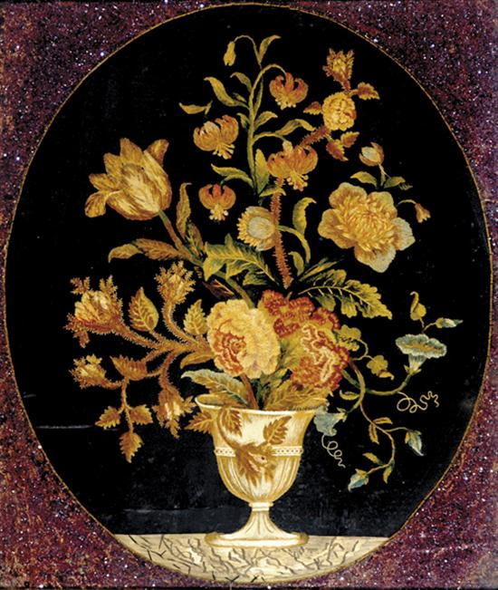 Silk and needlework floral still life oval format with ground