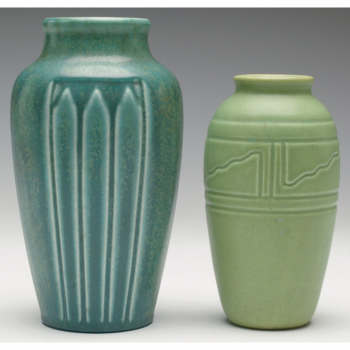 Rookwood vase tapered shape with stylized vertical leaves covered in