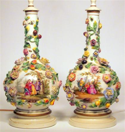 Pair of Meissen style floral encrusted hand painted porcelain vasesBottle