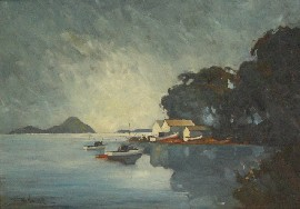 Rex Newell born 1939 Boatsheds oil on canvas signed and