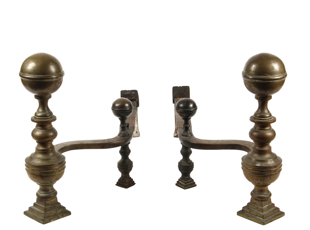 SCARCE MOLINEAUX MAINE ANDIRONS Solid Brass Ball Top Andirons stamped