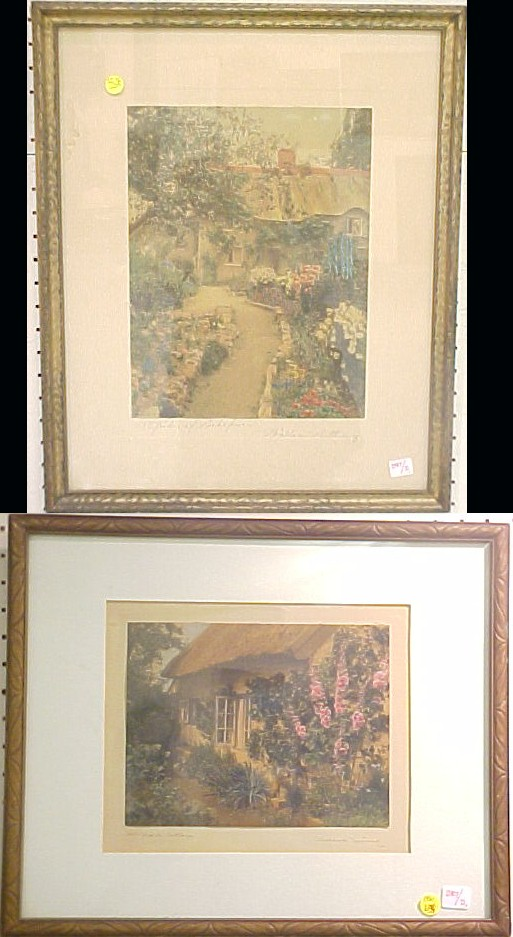 Two Wallace Nutting colored photographs Garden of Larkspur mounted and