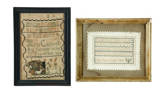 TWO SAMPLERS Anne Caldwell attributed to Vermont 1774 silk on