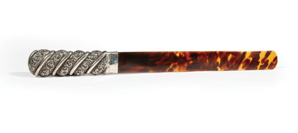 English Silver Mounted Tortoiseshell Paper Knife c 1905 spiral and