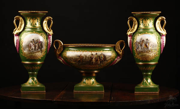 A Sevres style green ground garniture vases urn A Sevres