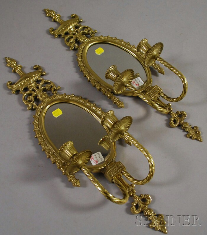 Pair of Adams style Cast Brass Mirrored Double candle Wall