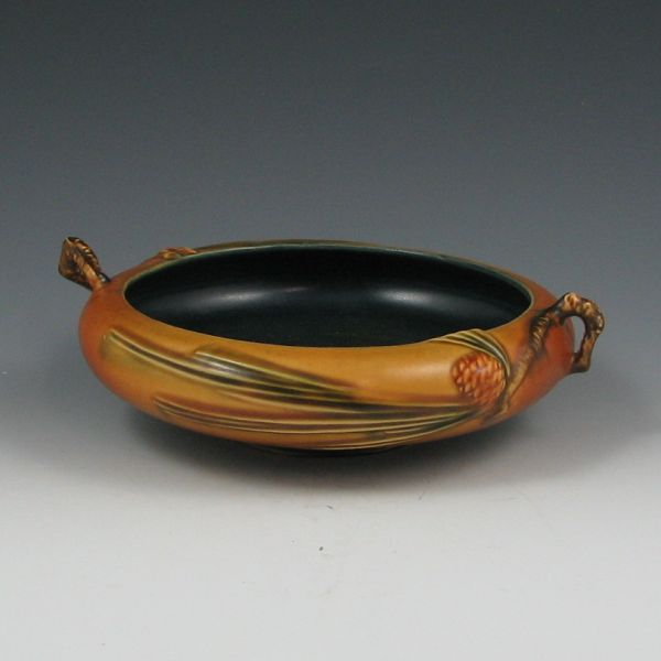 Roseville Pine Cone handled low bowl in brown Marked Roseville
