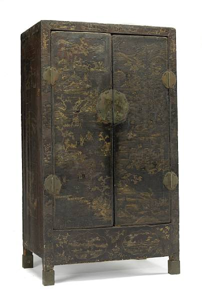 A pair of massive black lacquer and gilt decorated lacquer