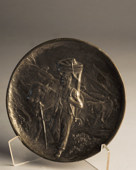 A 19th C German Relief Cast Pewter Plaque a herdsman