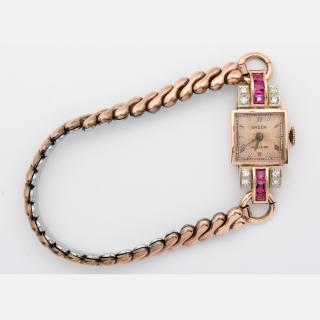 A Ladies 14kt Rose Gold Ruby and Diamond Gruen Wristwatch