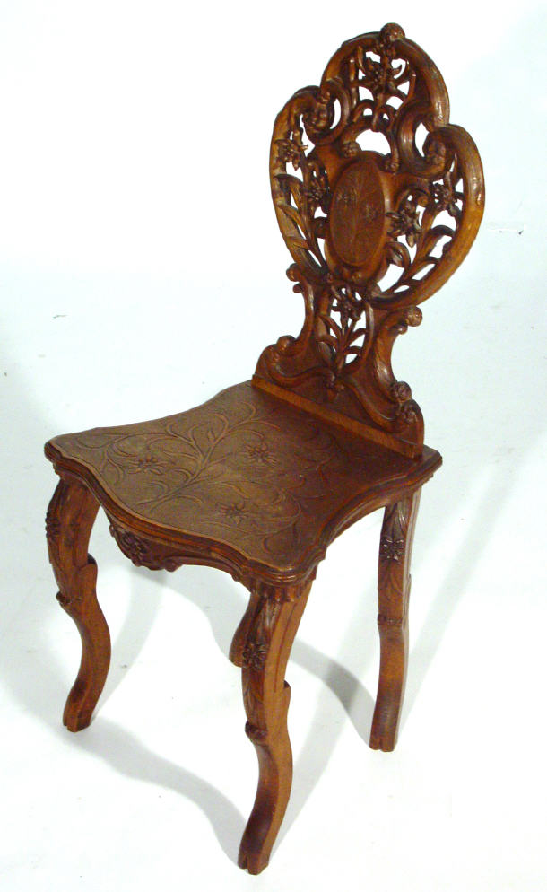 Victorian walnut hall chair with floral carved back and seats