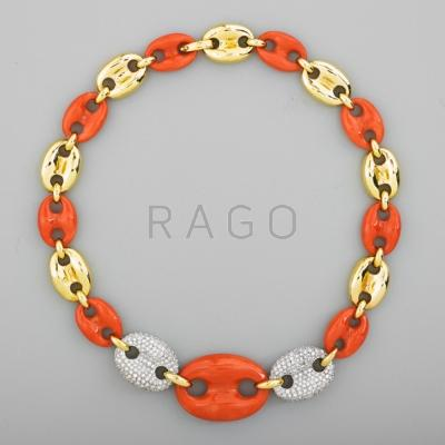 CORAL DIAMOND 18K GOLD LINK NECKLACE Graduated chain of deep