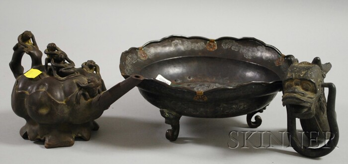 Asian Bronze Figural Mount a Metal Bowl and a Pottery