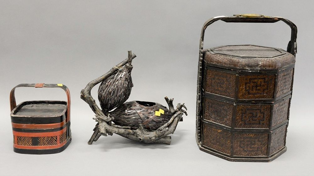 Three Asian basket pieces including a Japanese bamboo Ikebana basket