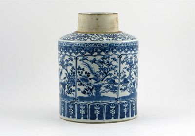 A Chinese blue and white cylindrical jar painted with panels