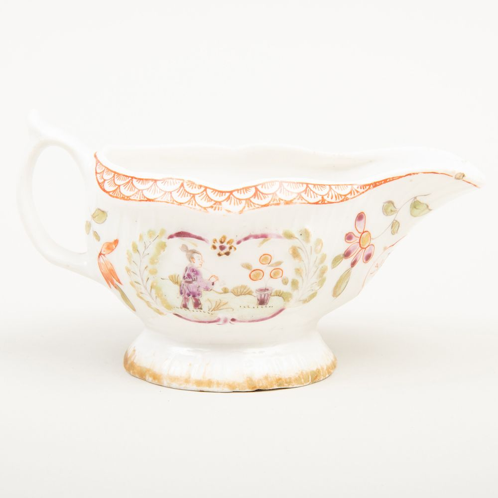 Small Lowestoft Porcelain Sauce Boat Colorfully painted with Chinoiserie figures