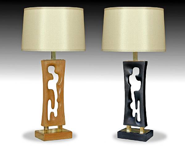 Two American carved wood lamps circa 1950 Each rectangular body