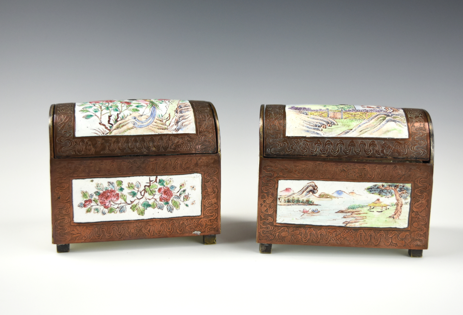 PAIR GILT METAL CLOISONN_ ENAMEL CHEST BOX 19TH C Chinese