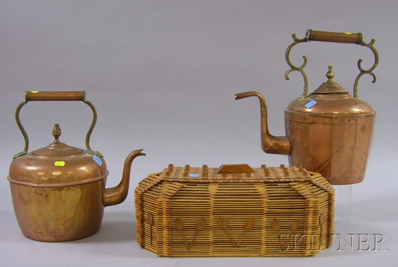 Two Brass mounted Copper Hot Water Kettles and a Tramp