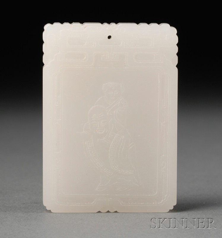 White Jade Pendant 20th century rectangular relief carving of Pu