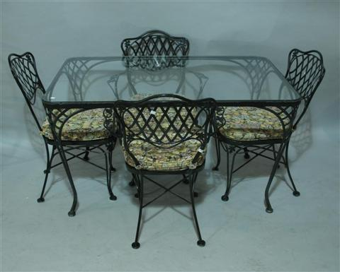 SET WROUGHT IRON GARDEN FURNITURE Thirteen piece set with cushions
