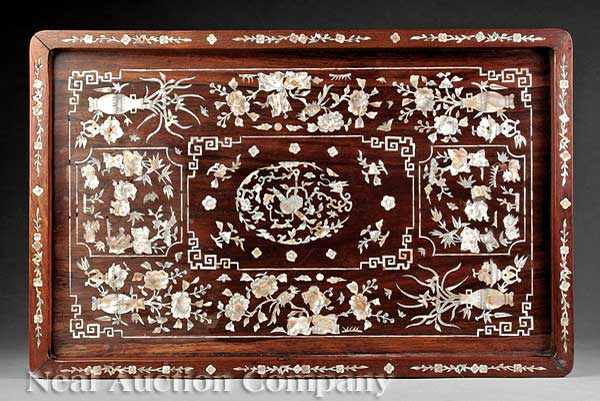 A Chinese Mother of Pearl Inlaid Hardwood Serving Tray rectangular