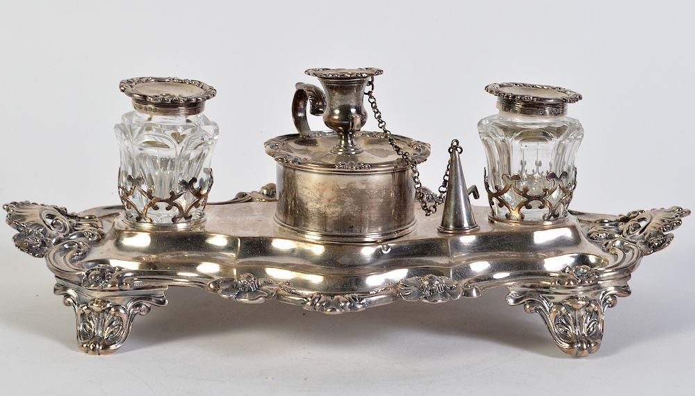 English Victorian Sterling Hallmarked Inkstand Antique English Victorian sterling inkstand