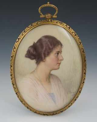 A Miniature Portrait of a Young Woman with Pearls Signed