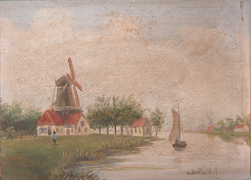 Rural Continental Landscape with Windmill and River attributed to Wilhelmina