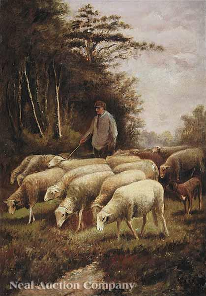 American School 19th c Shepherd and his Sheep oil on