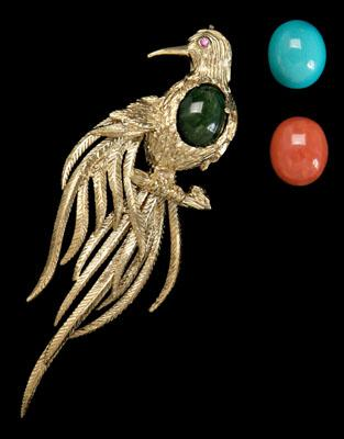 Gold bird pendant breast of bird with interchangeable stones coral