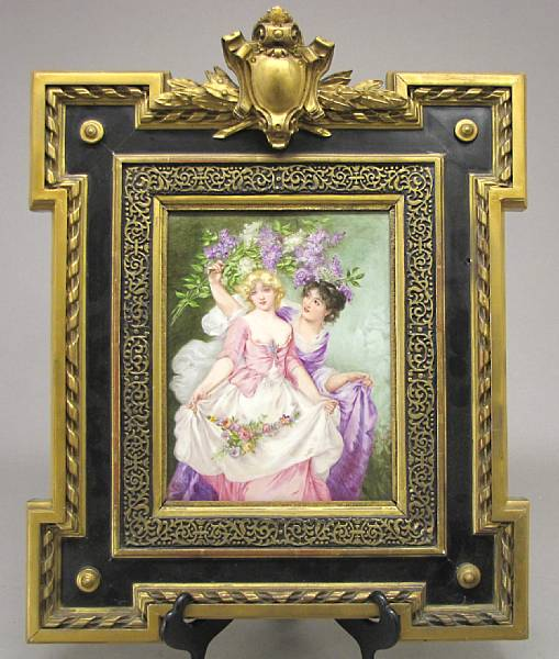 A Continental porcelain plaque of two young women M Thiebault
