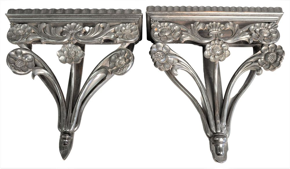 Pair of Ebonized Carved Wood Wall Brackets having floral design