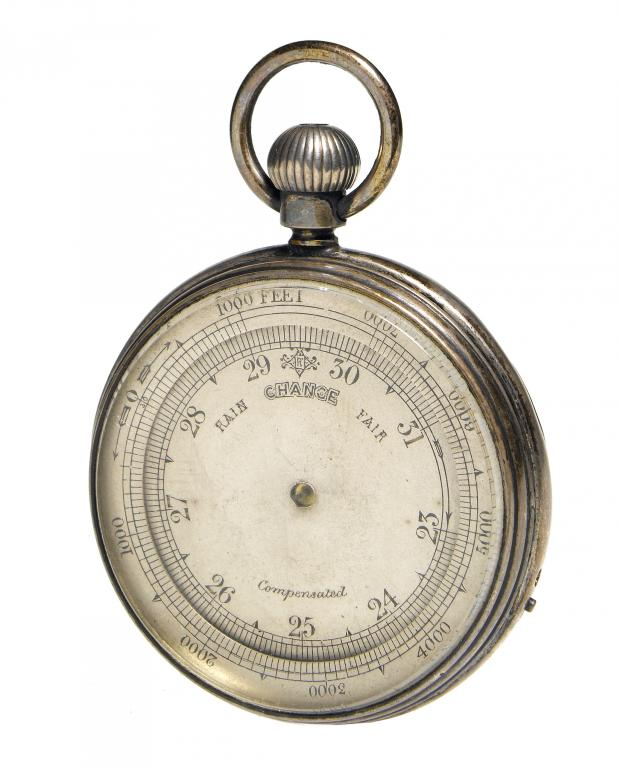 AN ENGLISH SILVER POCKET BAROMETER of watch type with silvered